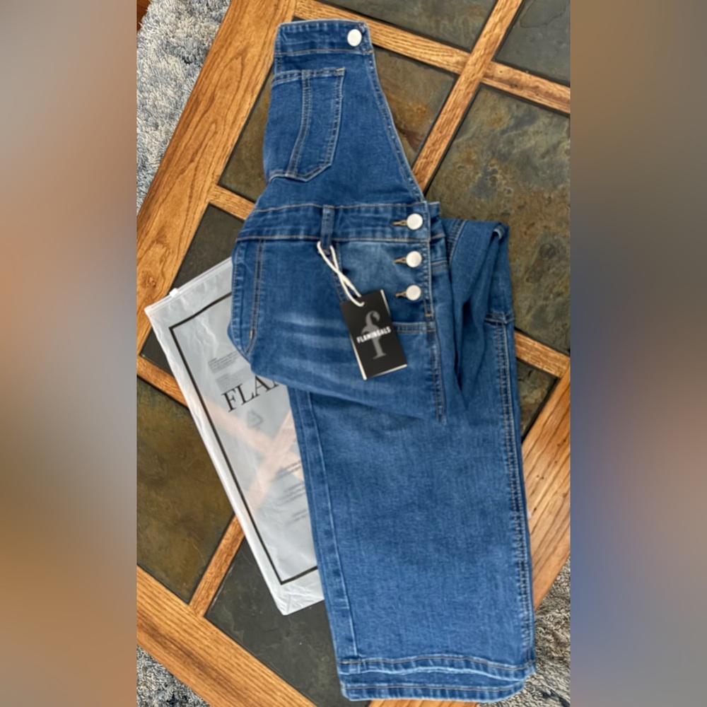Flare Denim Overalls in Classic Blue by Flamingals. Large 10/12